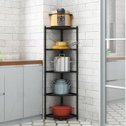 5-Tier Kitchen Corner Shelf Stand - Heavy Duty Carbon Steel Pot & Pan Organiser - Rust Resistant Freestanding Storage Rack for Small Spaces.