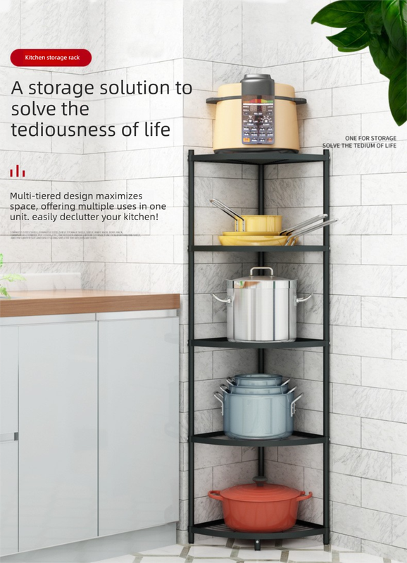 5-Tier Kitchen Corner Shelf Stand - Heavy Duty Carbon Steel Pot & Pan Organiser - Rust Resistant Freestanding Storage Rack for Small Spaces.