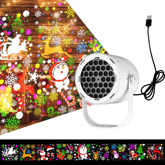 White Christmas LED Projector Light Portable USB Holiday Atmosphere Lamp with 360 Degree Rotating Stand for Indoor Home and Party Decoration Santa Snowman Patterns.