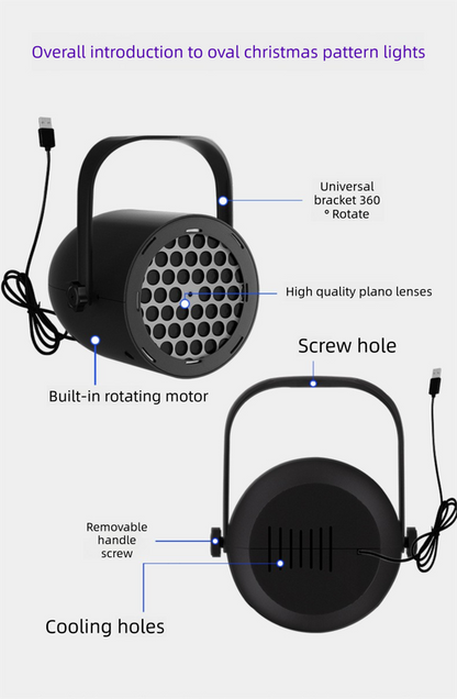 Black Christmas LED Projection Lights Portable USB Holiday Atmosphere Lights 360-Degree Rotating Base Ideal for Indoor Home Decor and Party Decorations Christmas Snowflake Patterns.