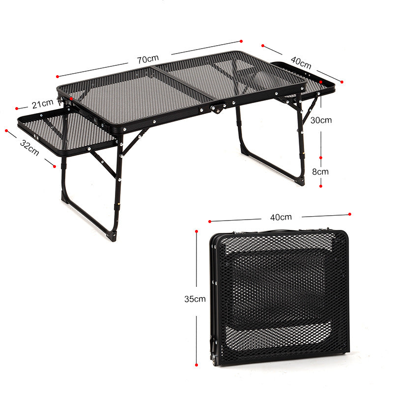 Black Portable Camping Table Heat Resistant Steel Mesh Top Foldable BBQ Desk with Side Wings Adjustable Height Aluminium Frame for Outdoor Picnic.