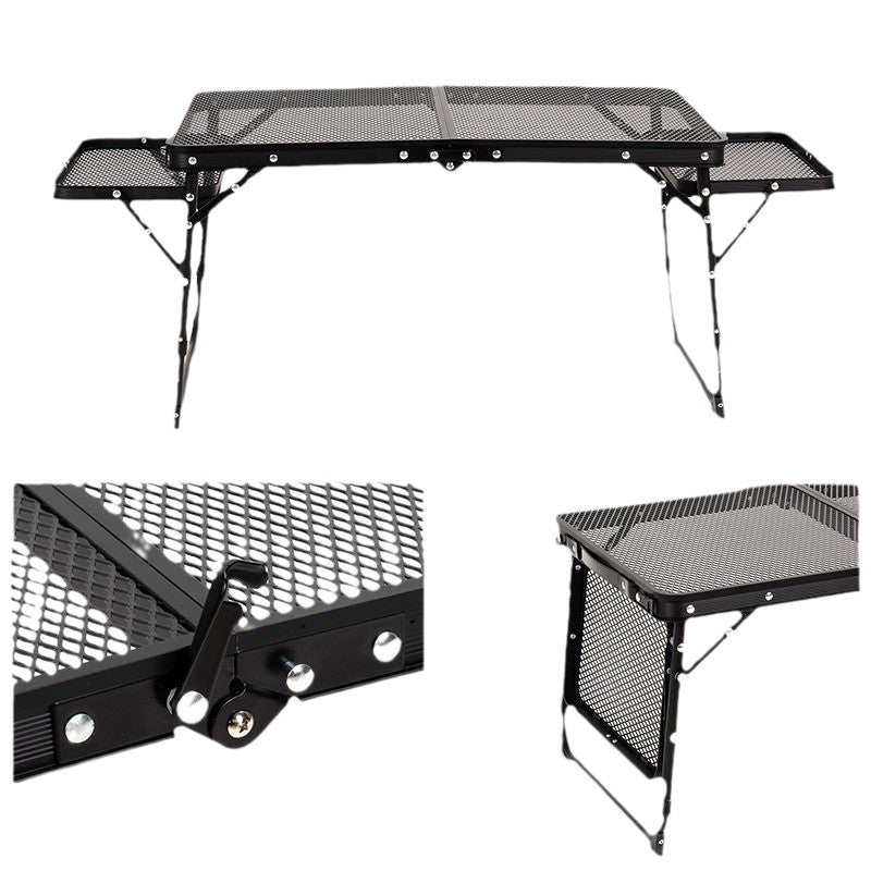 Black Portable Camping Table Heat Resistant Steel Mesh Top Foldable BBQ Desk with Side Wings Adjustable Height Aluminium Frame for Outdoor Picnic.