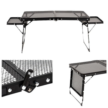 Black Portable Camping Table Heat Resistant Steel Mesh Top Foldable BBQ Desk with Side Wings Adjustable Height Aluminium Frame for Outdoor Picnic.