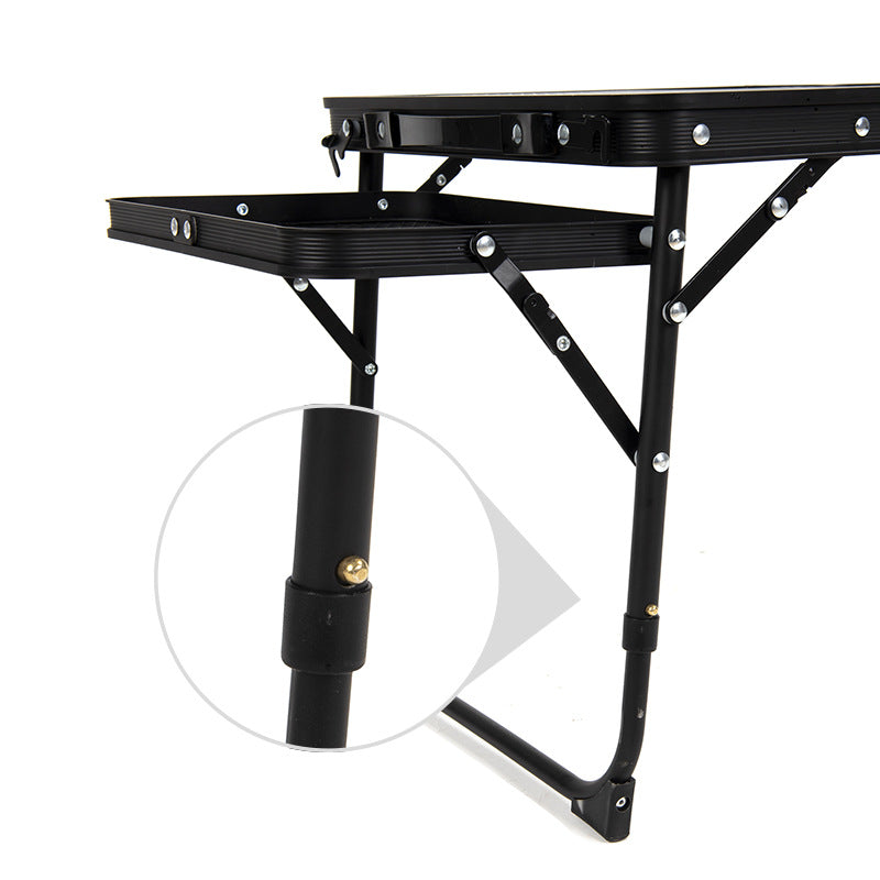 Black Portable Camping Table Heat Resistant Steel Mesh Top Foldable BBQ Desk with Side Wings Adjustable Height Aluminium Frame for Outdoor Picnic.