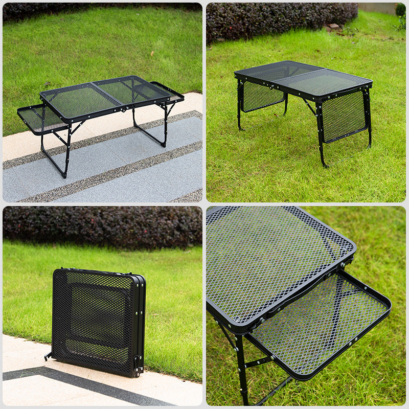 Black Portable Camping Table Heat Resistant Steel Mesh Top Foldable BBQ Desk with Side Wings Adjustable Height Aluminium Frame for Outdoor Picnic.