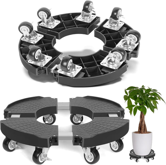 Black Round Adjustable Plant Pot Caddy Stand with Wheels Heavy Duty Rolling Gas Cylinder Tray Dolly for Indoor Outdoor Patio.