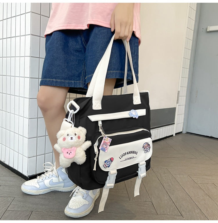 Women's Kawaii Purple Shoulder Bag with Cute Bear Plush Charm and 4 Badges Large Capacity Nylon Tote School Handbag
