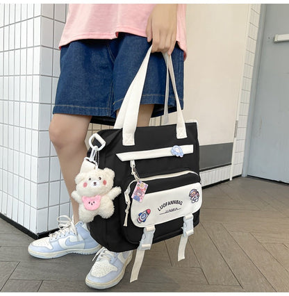 Women's Kawaii Purple Shoulder Bag with Cute Bear Plush Charm and 4 Badges Large Capacity Nylon Tote School Handbag