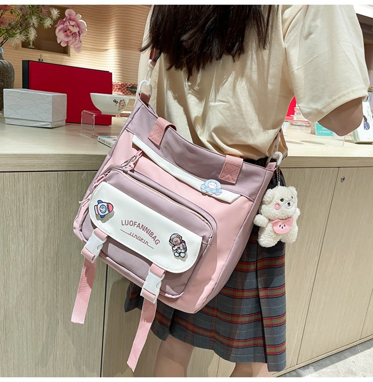 Women's Kawaii Purple Shoulder Bag with Cute Bear Plush Charm and 4 Badges Large Capacity Nylon Tote School Handbag