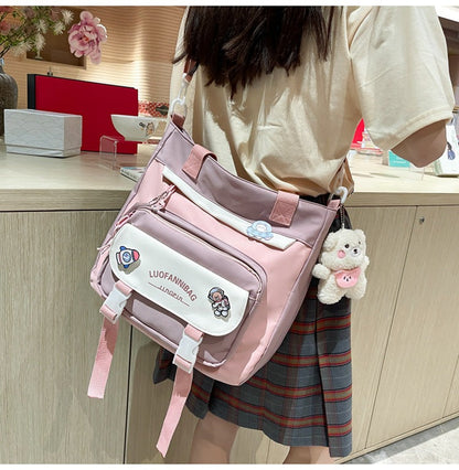 Women's Kawaii Purple Shoulder Bag with Cute Bear Plush Charm and 4 Badges Large Capacity Nylon Tote School Handbag