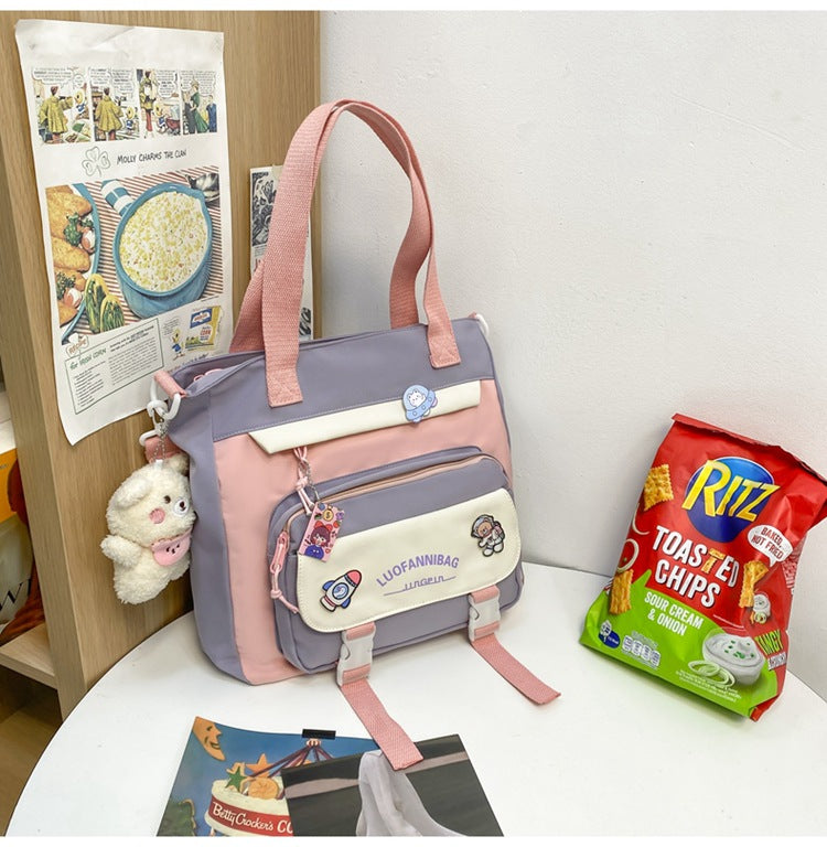 Women's Kawaii Purple Shoulder Bag with Cute Bear Plush Charm and 4 Badges Large Capacity Nylon Tote School Handbag