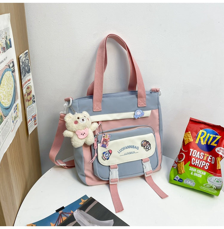 Women's Kawaii Purple Shoulder Bag with Cute Bear Plush Charm and 4 Badges Large Capacity Nylon Tote School Handbag