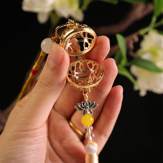 Vintage Silver Hollow Bell Pendant Mirror Ornament Openable Aromatherapy Locket with Tassel Bag Charm.