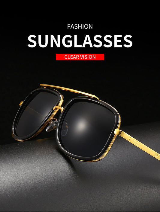 Men's Retro Oversized Square Sunglasses Vintage Thick Frame Gold Flat Top Aviator Style Shades UV400 Black