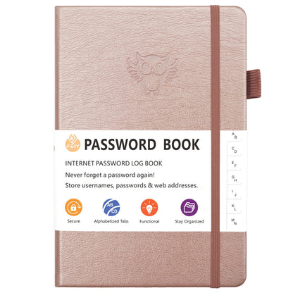 Rose Gold Password Log Book with Alphabetical Tabs Internet Address Organizer Small PU Leather Notebook with Owl Design Pen Holder and Inner Pocket Ideal for Home and Office.