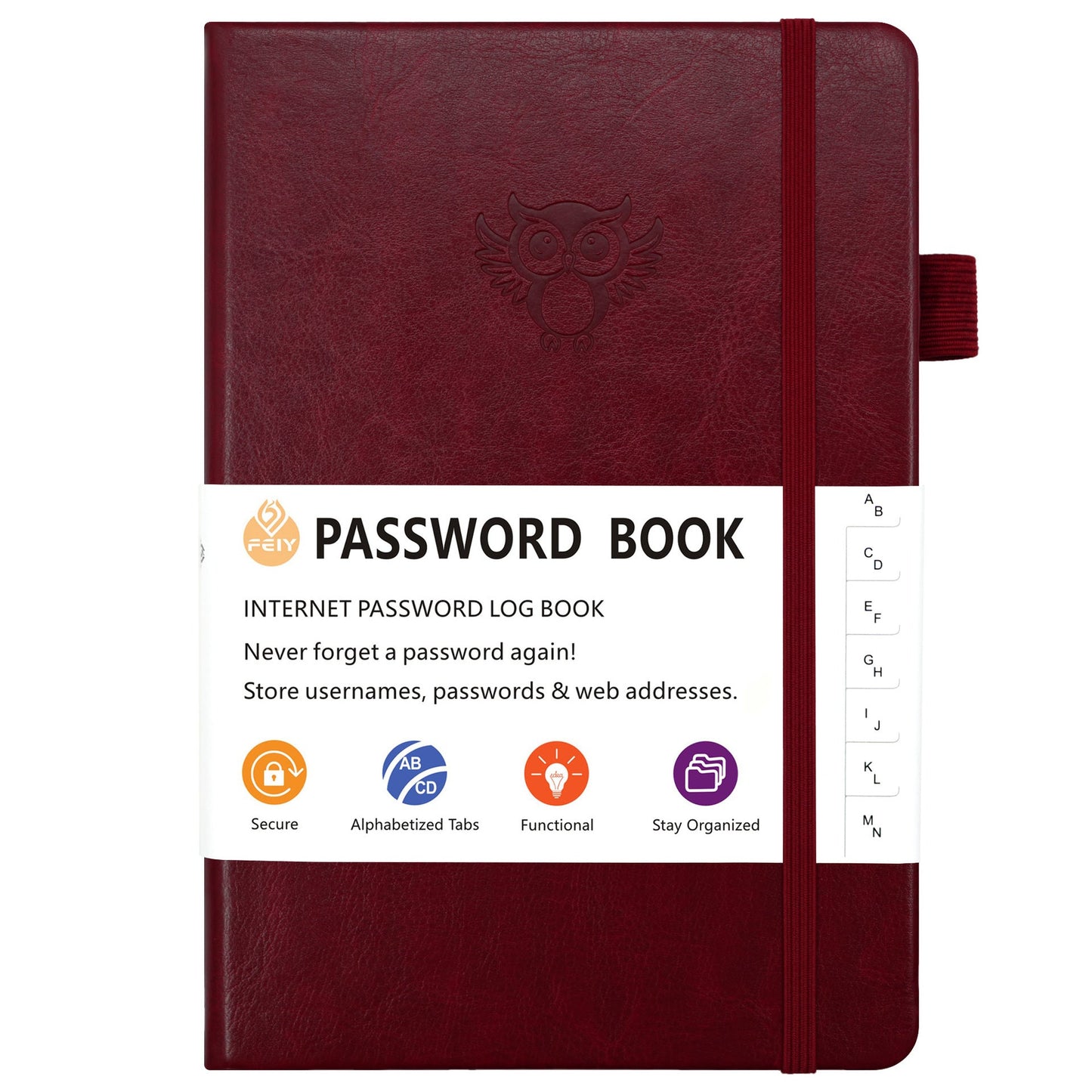Burgundy Password Log Book with Alphabetical Tabs Internet Address Organizer Small PU Leather Notebook with Owl Design Pen Holder and Inner Pocket Ideal for Home and Office.