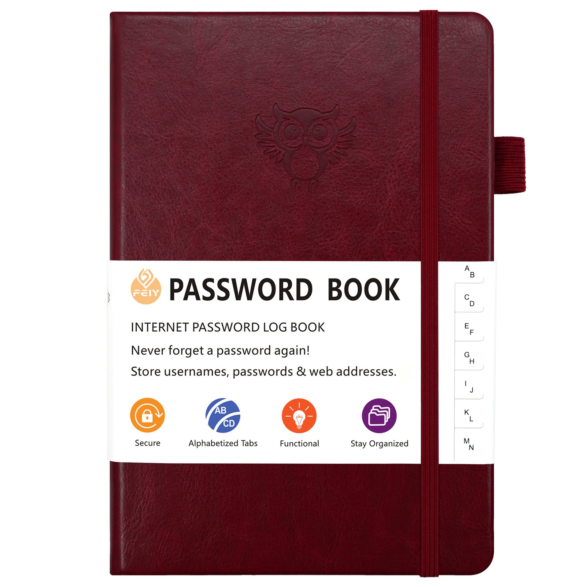 Burgundy Password Log Book with Alphabetical Tabs Internet Address Organizer Small PU Leather Notebook with Owl Design Pen Holder and Inner Pocket Ideal for Home and Office.