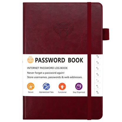 Burgundy Password Log Book with Alphabetical Tabs Internet Address Organizer Small PU Leather Notebook with Owl Design Pen Holder and Inner Pocket Ideal for Home and Office.