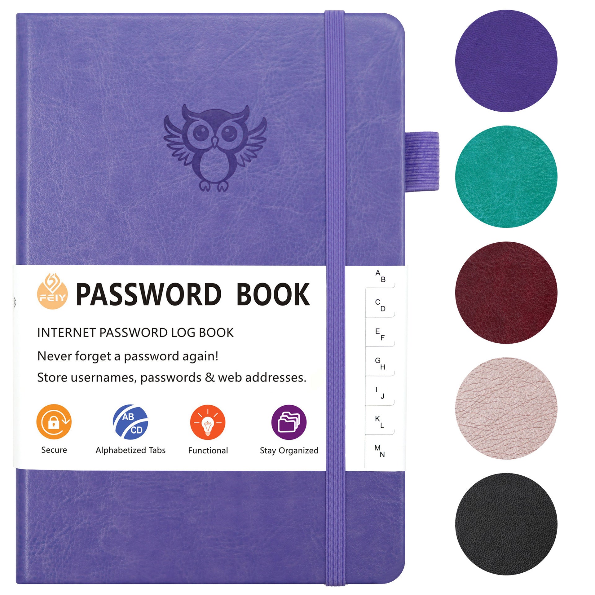Burgundy Password Log Book with Alphabetical Tabs Internet Address Organizer Small PU Leather Notebook with Owl Design Pen Holder and Inner Pocket Ideal for Home and Office.