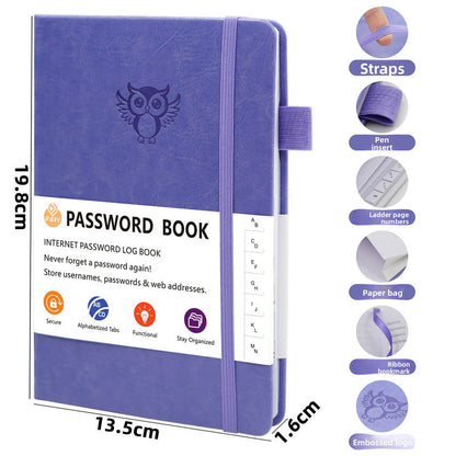 Burgundy Password Log Book with Alphabetical Tabs Internet Address Organizer Small PU Leather Notebook with Owl Design Pen Holder and Inner Pocket Ideal for Home and Office.