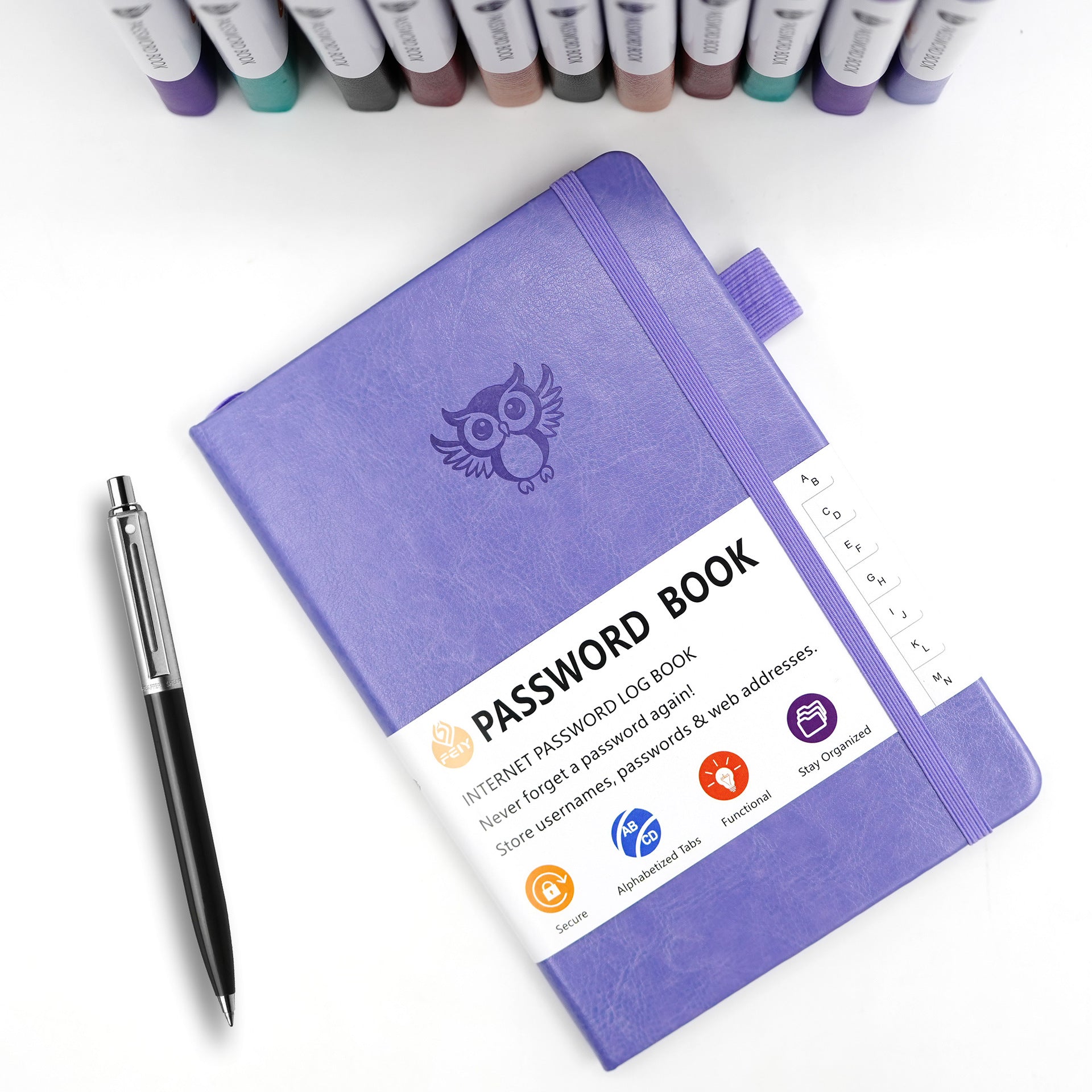 Burgundy Password Log Book with Alphabetical Tabs Internet Address Organizer Small PU Leather Notebook with Owl Design Pen Holder and Inner Pocket Ideal for Home and Office.