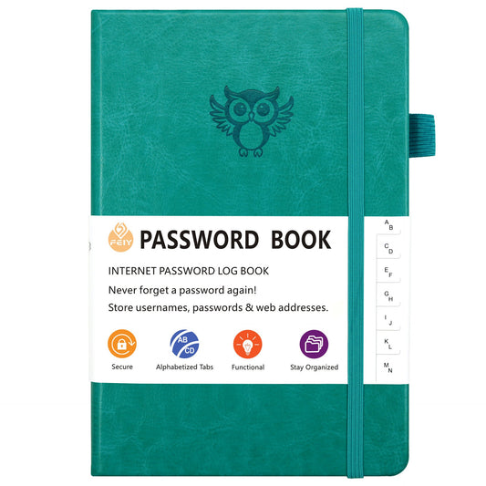 Green Password Log Book with Alphabetical Tabs Internet Address Organizer Small PU Leather Notebook with Owl Design Pen Holder and Inner Pocket Ideal for Home and Office.