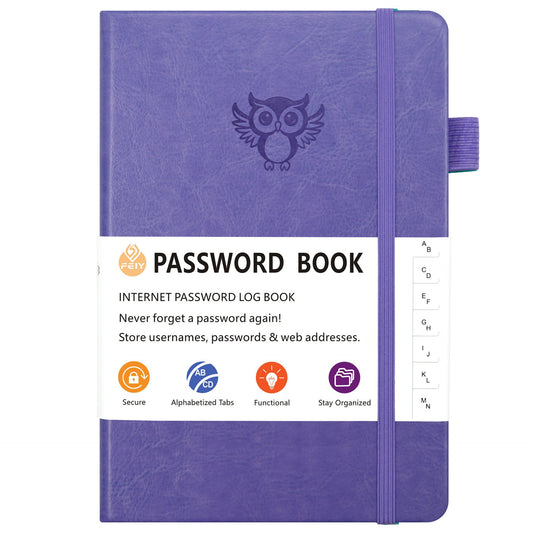 Light purple Password Log Book with Alphabetical Tabs Internet Address Organizer Small PU Leather Notebook with Owl Design Pen Holder and Inner Pocket Ideal for Home and Office.