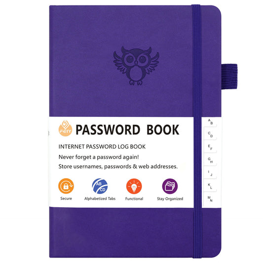 Deep purple Password Log Book with Alphabetical Tabs Internet Address Organizer Small PU Leather Notebook with Owl Design Pen Holder and Inner Pocket Ideal for Home and Office.