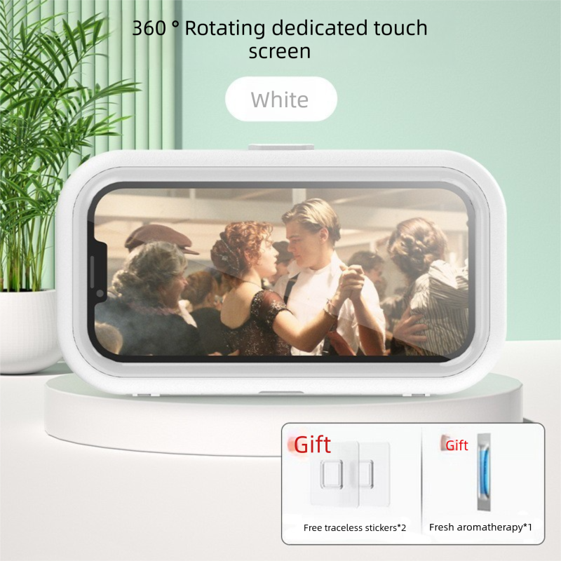 Waterproof Shower Phone Holder Wall Mount with Aromatherapy - 360° Rotating & Retractable Anti-Fog Case - Drill-Free Bathroom & Kitchen Mobile Stand - White