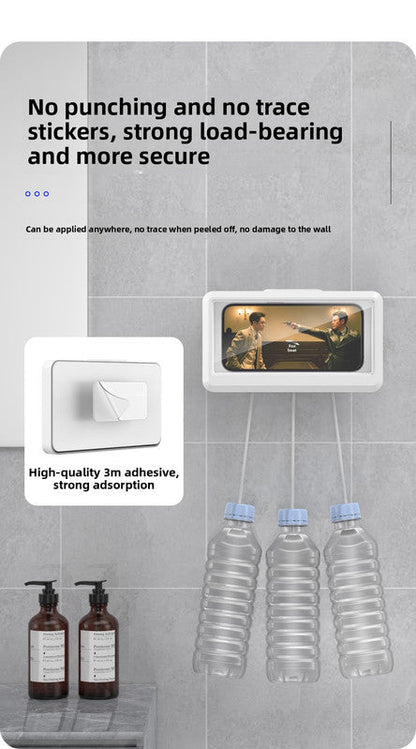 Waterproof Shower Phone Holder Wall Mount with Aromatherapy - 360° Rotating & Retractable Anti-Fog Case - Drill-Free Bathroom & Kitchen Mobile Stand - White