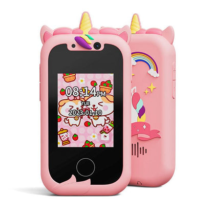 Kids Unicorn Smart Phone Toy with Dual Camera and IPS Touch Screen Educational Games MP3 Music Player 512MB Card Included Pink Silicone Case Ideal for Girls Gift.