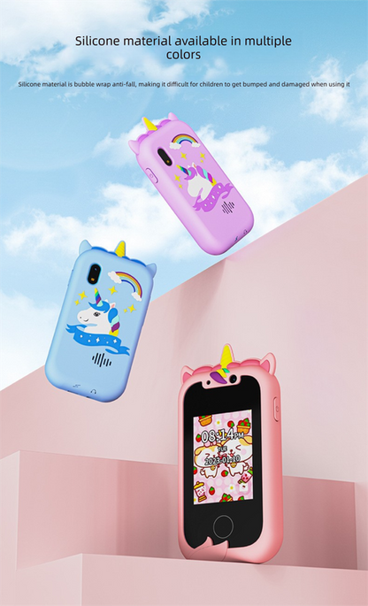 Kids Unicorn Smart Phone Toy with Dual Camera and IPS Touch Screen Educational Games MP3 Music Player 512MB Card Included Pink Silicone Case Ideal for Girls Gift.
