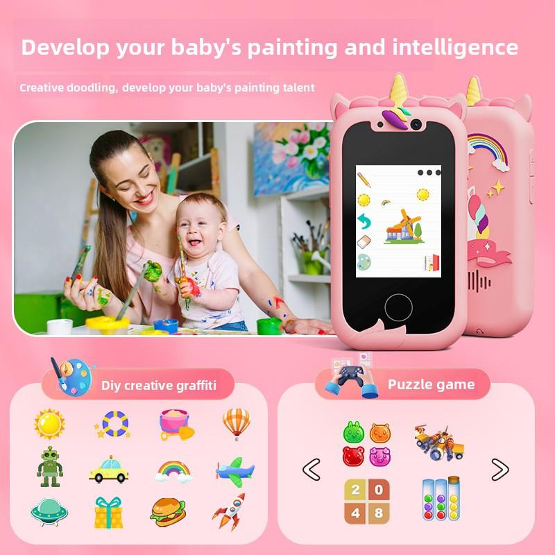 Kids Unicorn Smart Phone Toy with Dual Camera and IPS Touch Screen Educational Games MP3 Music Player 512MB Card Included Pink Silicone Case Ideal for Girls Gift.
