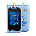 Kids Unicorn Smart Phone Toy with Dual Camera and IPS Touch Screen Educational Games MP3 Music Player 512MB Card Included Blue Silicone Case Ideal for Girls Gift.
