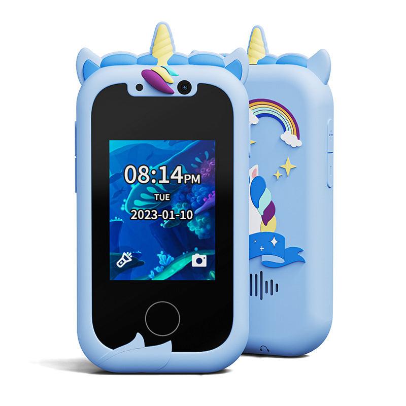 Kids Unicorn Smart Phone Toy with Dual Camera and IPS Touch Screen Educational Games MP3 Music Player 512MB Card Included Blue Silicone Case Ideal for Girls Gift.