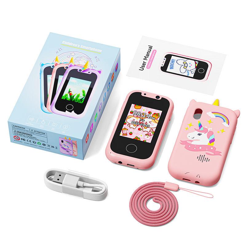 Kids Unicorn Smart Phone Toy with Dual Camera and IPS Touch Screen Educational Games MP3 Music Player 512MB Card Included Blue Silicone Case Ideal for Girls Gift.