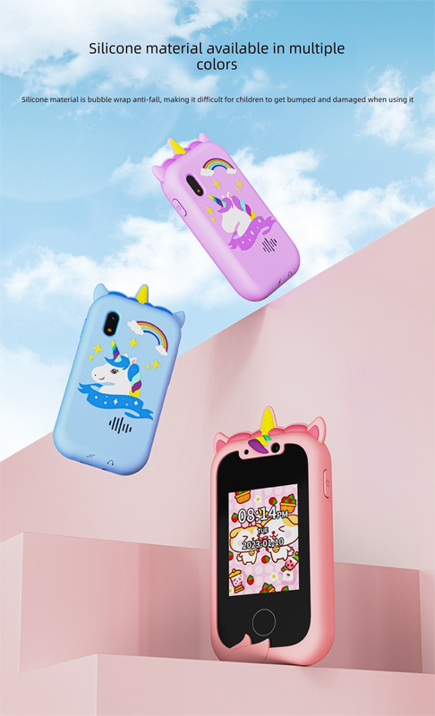 Kids Unicorn Smart Phone Toy with Dual Camera and IPS Touch Screen Educational Games MP3 Music Player 512MB Card Included Blue Silicone Case Ideal for Girls Gift.