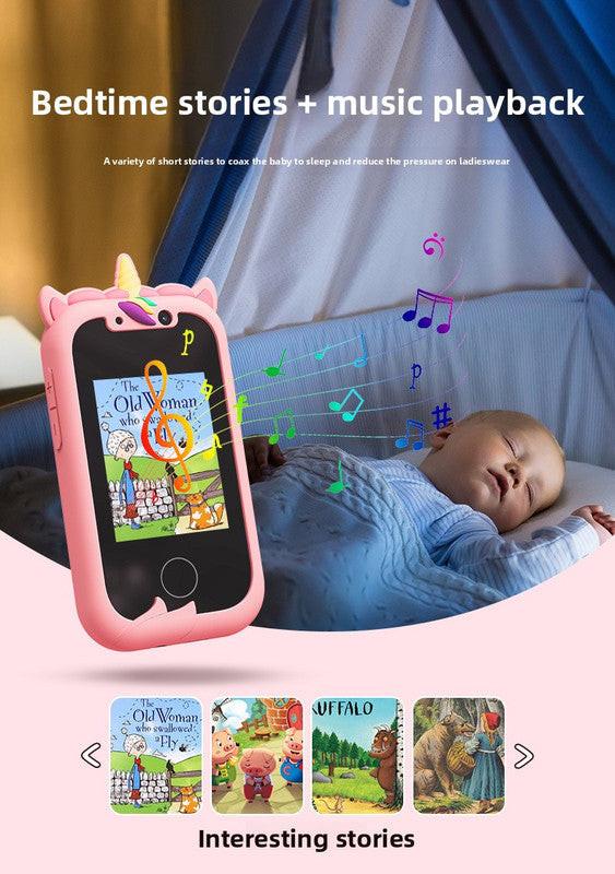 Kids Unicorn Smart Phone Toy with Dual Camera and IPS Touch Screen Educational Games MP3 Music Player 512MB Card Included Blue Silicone Case Ideal for Girls Gift.