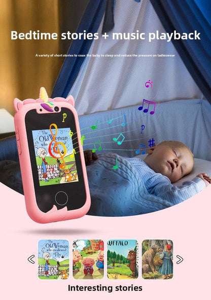 Kids Unicorn Smart Phone Toy with Dual Camera and IPS Touch Screen Educational Games MP3 Music Player 512MB Card Included Blue Silicone Case Ideal for Girls Gift.