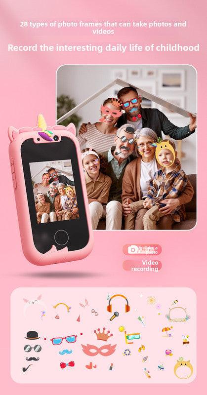 Kids Unicorn Smart Phone Toy with Dual Camera and IPS Touch Screen Educational Games MP3 Music Player 512MB Card Included Blue Silicone Case Ideal for Girls Gift.
