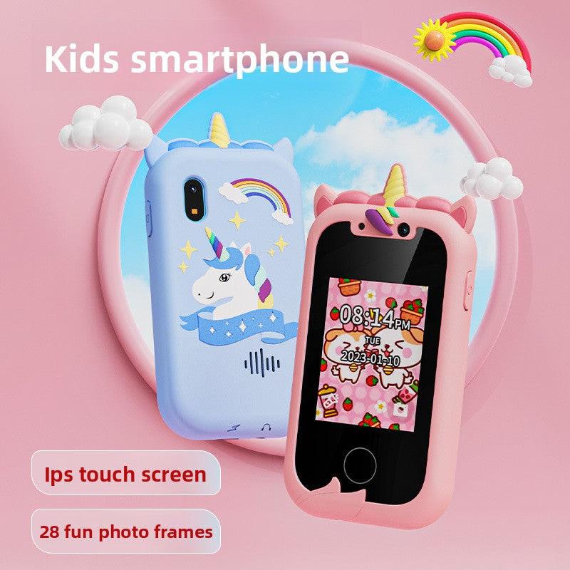 Kids Unicorn Smart Phone Toy with Dual Camera and IPS Touch Screen Educational Games MP3 Music Player 512MB Card Included Blue Silicone Case Ideal for Girls Gift.