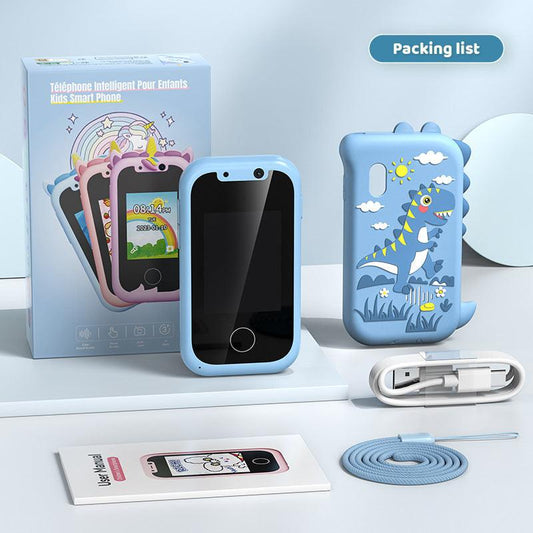 Kids Smart Phone Toy with Dual Camera and IPS Touch Screen Blue Dinosaur Silicone Case Educational Games MP3 Music Player 512MB Card Included Ideal Gift for Boys.