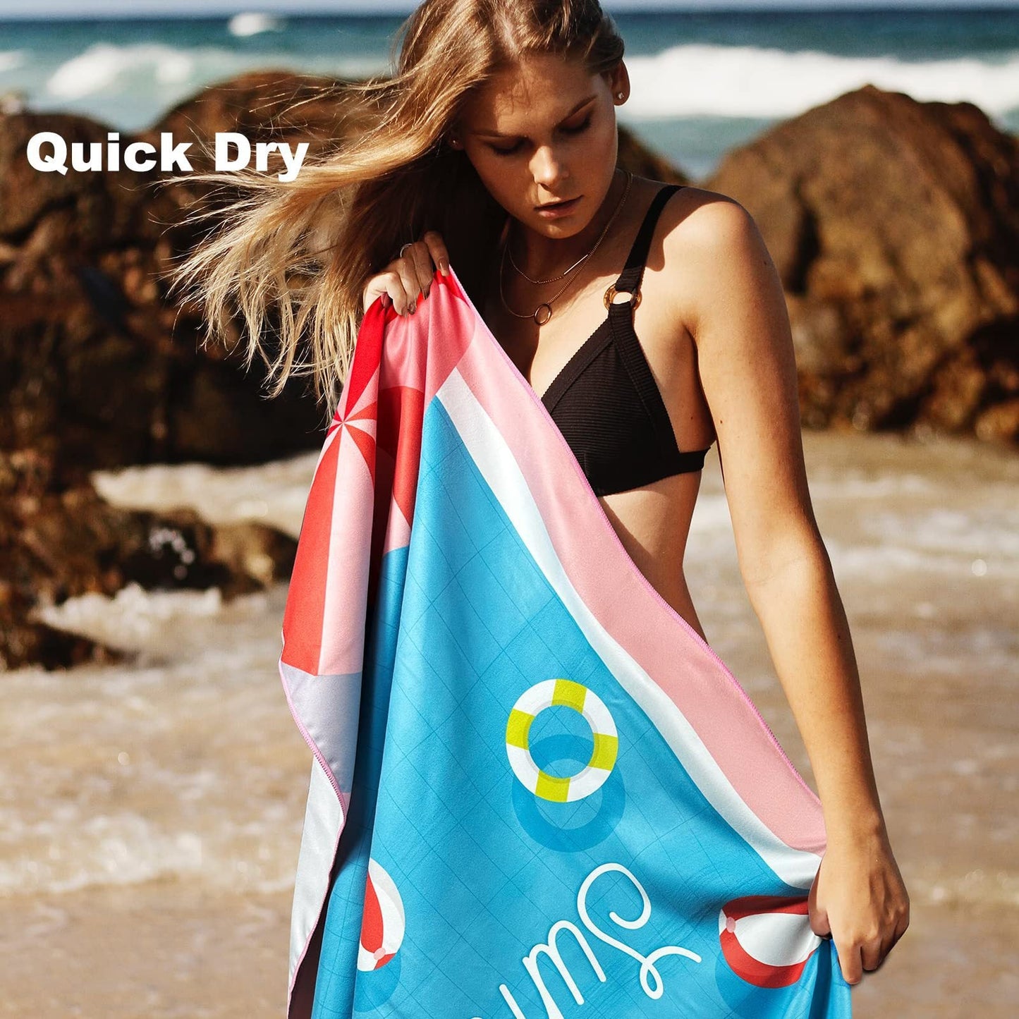 Sand Free Microfibre Beach Towel - Pink Flamingo "Summer" Print Quick Dry Travel Towel 70x150cm(240GSM) - Lightweight Absorbent Bath Sheet for Pool & Holiday