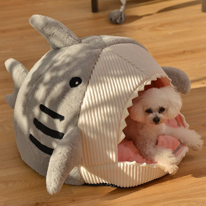 Novelty Shark Pet Cave Bed Enclosed Cozy Sleeping Nest for Cats and Small Dogs Soft Flannel Year Round Comfort Light Gray L Size