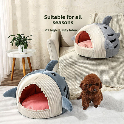 Novelty Shark Pet Cave Bed Enclosed Cozy Sleeping Nest for Cats and Small Dogs Soft Flannel Year Round Comfort Light Gray L Size
