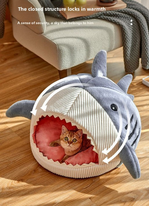 Novelty Shark Pet Cave Bed Enclosed Cozy Sleeping Nest for Cats and Small Dogs Soft Flannel Year Round Comfort Light Gray L Size