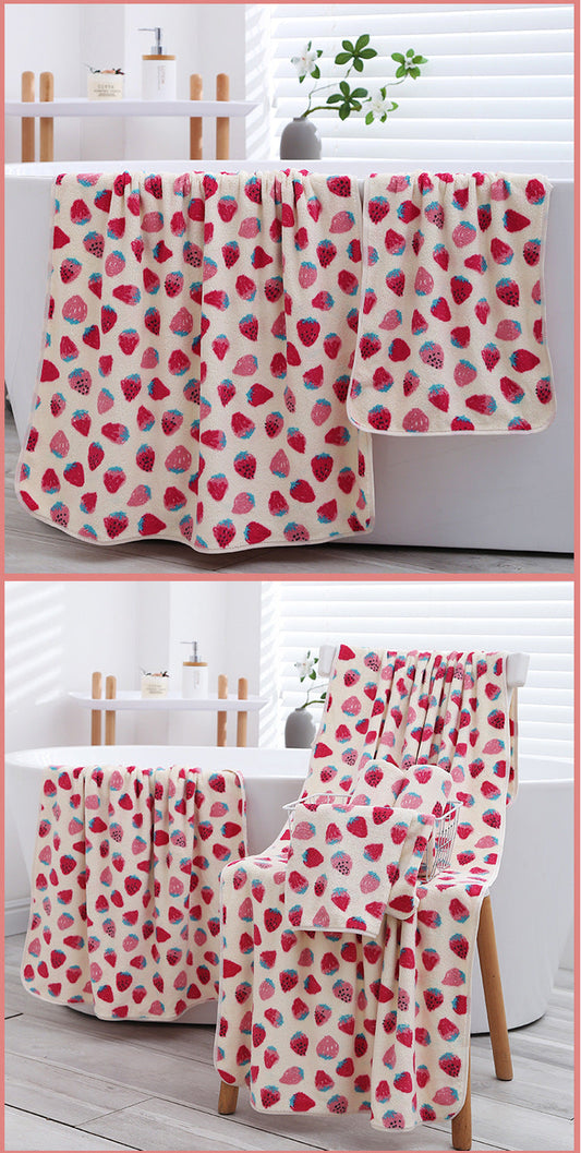 2 Pack Strawberry Coral Fleece Bath Towel Set - Ultra Soft Absorbent Microfibre Bathroom Towels with Hanging Loop - 70x140cm & 35x75cm