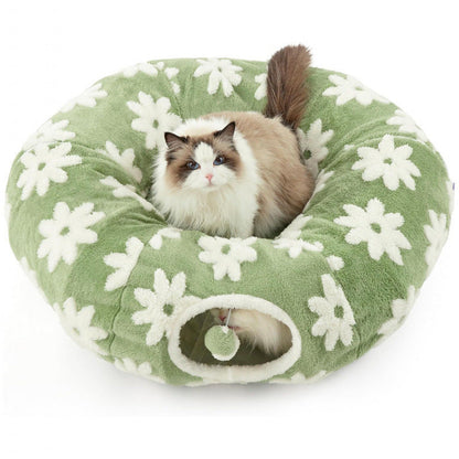 2-in-1 Cat Tunnel Bed Green Daisy 80cm - Plush Donut Pet Cave & Play Tube - Detachable Washable Cushion & Interactive Hanging Toy for Indoor Cats