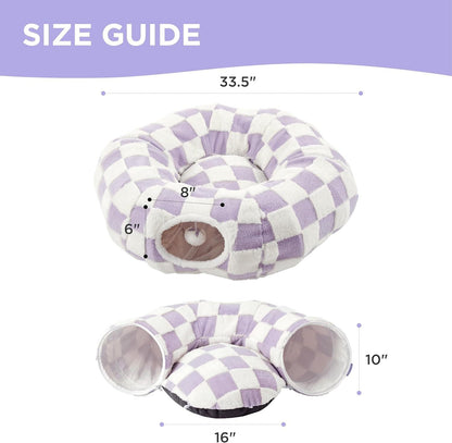 2-in-1 Cat Tunnel Bed Green Daisy 80cm - Plush Donut Pet Cave & Play Tube - Detachable Washable Cushion & Interactive Hanging Toy for Indoor Cats