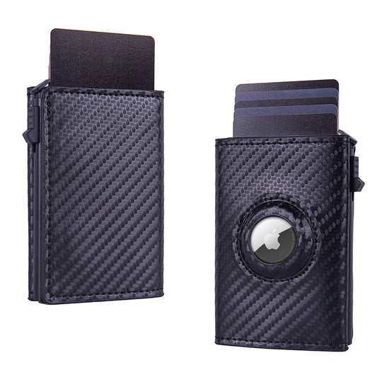 RFID Blocking Pop-Up Card Wallet with AirTag Holder - Carbon Fiber Texture Aluminum Smart Wallet - Automatic Slider Mechanism with Cash Compartment - Black (AirTag Not Included)
